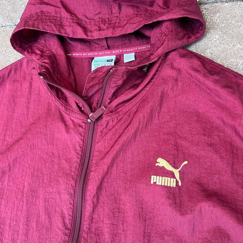 Puma Maroon Gold Nylon Full Zip Hooded Windbreaker Jacket Tearaway Arms MEDIUM